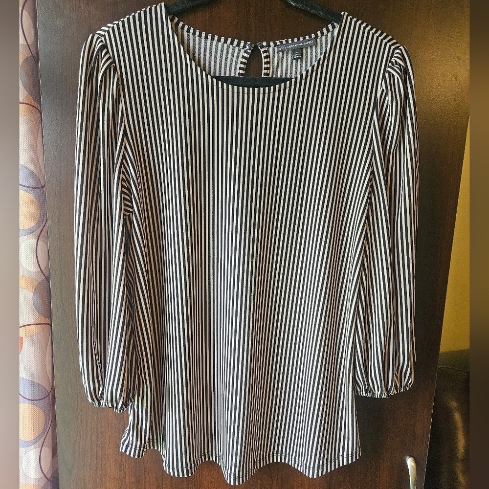 Adrianna Papell Black and Beige Striped Long Sleeve Top Size Medium